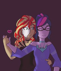 Size: 638x737 | Tagged: safe, artist:horsegirlpodcast, character:sunset shimmer, character:twilight sparkle, character:twilight sparkle (scitwi), species:eqg human, ship:scitwishimmer, g4, crossover, dancing, dress, duo, eyes closed, heart, holding hands, lesbian, mask, music note, necklace, phantom of the opera, purple background, simple background, smiling