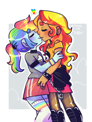 Size: 768x1024 | Tagged: dead source, safe, artist:jackytheripperart, character:rainbow dash, character:sunset shimmer, species:eqg human, ship:sunsetdash, g4, boots, clothing, duo, heart, kissing, lesbian, pantyhose, rainbow socks, shirt, skirt, socks, thigh highs
