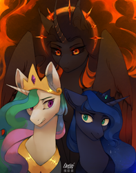 Size: 1500x1900 | Tagged: safe, artist:varllai, character:princess celestia, character:princess luna, oc, oc:queen black hole, species:alicorn, species:pony, g4, alicorn oc, black hole, black hole pony, curved horn, female, mare, messier 87, ponified, trio