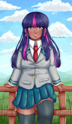 Size: 2495x4305 | Tagged: safe, artist:midoriya_shouto, character:twilight sparkle, species:human, g4, background, clothing, cloud, crossover, digital art, earring, fence, grass, humanized, my hero academia, painting, school uniform, skirt, sky, solo
