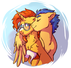 Size: 2055x1969 | Tagged: safe, artist:lopoddity, character:flash sentry, character:sunburst, species:pegasus, species:pony, species:unicorn, pandoraverse, ship:flashburst, g4, abstract background, beard, blushing, cute, facial hair, gay, glasses, hooves, horn, hug, kiss on the cheek, kissing, male, shipping, tail, winghug, wings