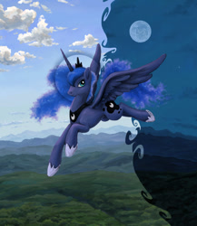 Size: 786x907 | Tagged: safe, artist:choedan-kal, character:princess luna, species:alicorn, species:pony, g4, clothing, cloud, crown, day, female, flying, grass, horn, mare, mixed media, moon, night, peytral, regalia, shoes, sky, smiling, solo, spread wings, tail, wings
