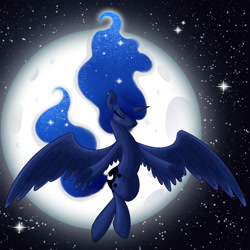 Size: 2000x2000 | Tagged: safe, artist:kelisah, character:princess luna, species:alicorn, species:pony, g4, ethereal mane, eyes closed, feathered wings, feathers, female, flying, high res, horn, mare, moon, night, solo, spread wings, stars, tail, wings