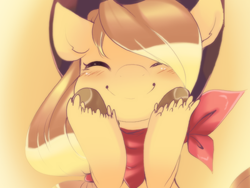 Size: 400x300 | Tagged: safe, artist:clasherz, character:applejack, species:earth pony, species:pony, g4, clothing, cowboy hat, eyes closed, female, hat, mare, scarf, smiling, solo, tail