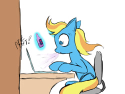 Size: 1200x903 | Tagged: safe, artist:skydreams, oc, oc only, oc:skydreams, species:pony, species:unicorn, g4, computer, desk, female, laptop computer, mare, shocked expression, sitting, sketch, soda, solo, sparkle-cola, spit take, surprised