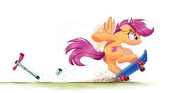 Size: 2000x1059 | Tagged: safe, artist:ncmares, character:scootaloo, species:pegasus, species:pony, g4, awesome, broken, commission, cutie mark, dangerous, female, filly, scooter, simple background, skateboard, skaterloo, solo, the cmc's cutie marks, white background