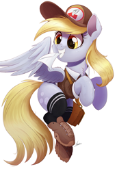 Size: 1707x2500 | Tagged: safe, artist:ncmares, character:derpy hooves, species:pegasus, species:pony, newbie artist training grounds, g4, atg 2018, bag, boots, cap, cheek fluff, chest fluff, clothing, cute, derpabetes, ear fluff, envelope, female, fluffy, grin, hat, looking back, mail, mailbag, mailpony, mare, messenger bag, mouth hold, nose wrinkle, shoes, signature, simple background, smiling, socks, solo, squee, thigh highs, underp, white background, wing fluff