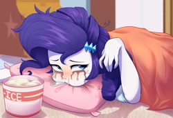 Size: 1920x1315 | Tagged: safe, artist:maren, character:rarity, species:human, g4, my little pony:equestria girls, blanket, bucket, crying, food, ice cream, makeup, mouth hold, pillow, running makeup, sad, spoon