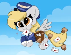Size: 2048x1606 | Tagged: safe, artist:kittyrosie, character:derpy hooves, species:pegasus, species:pony, episode:unboxing day, g4.5, my little pony:pony life, spoiler:pony life s01e30, chibi, cloud, cute, derpabetes, ear fluff, flying, food, heart, letter, mailmare, mouth hold, muffin, sky, solo, spread wings, wings