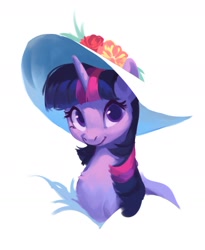 Size: 1256x1535 | Tagged: safe, artist:luciferamon, manebooru spotlight, character:twilight sparkle, character:twilight sparkle (unicorn), species:pony, species:unicorn, g4, bust, chest fluff, clothing, colored pupils, cute, female, flower, flower hat, hat, horn, looking at you, mare, portrait, simple background, smiling at you, solo, sun hat, twiabetes, white background
