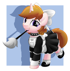 Size: 5000x5059 | Tagged: safe, artist:jhayarr23, oc, oc:white shield, species:pony, species:unicorn, g4, bow, choker, clothing, crossdressing, duster, hair bow, maid, male, mouth hold, solo, stallion