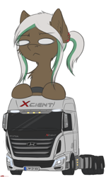 Size: 2460x4100 | Tagged: artist needed, safe, oc, oc only, oc:lynn, species:pegasus, species:pony, g4, art, clip studio paint, deformed, doodle, female, hyundai, hyundai xcient, mare, ponytail, semi track, simple background, solo, truck, tumblr