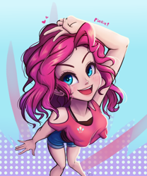 Size: 830x1000 | Tagged: safe, artist:the-park, character:pinkie pie, species:human, g4, female, human coloration, simple background, smiling, solo
