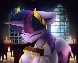 Size: 1280x1030 | Tagged: safe, artist:hitbass, character:twilight sparkle, character:twilight sparkle (alicorn), species:alicorn, species:pony, g4, book, candle, chest fluff, clothing, eyes closed, female, mare, praying, solo