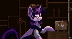 Size: 1280x709 | Tagged: safe, artist:amy-gamy, character:twilight sparkle, character:twilight sparkle (alicorn), species:alicorn, species:pony, g4, clothing, ear fluff, female, gears, glasses, hat, leg fluff, mare, neck fluff, pince-nez, pipe (plumbing), solo, spectacles, steampunk