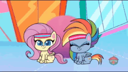 Size: 1280x720 | Tagged: safe, screencap, character:fluttershy, character:rainbow dash, episode:superb six, g4.5, my little pony:pony life, animated, dancing, headband, webm
