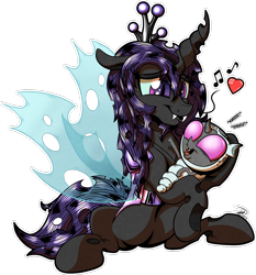 Size: 1600x1716 | Tagged: safe, artist:gray-day, oc, oc:ember song, species:changeling, g4, baby changeling, changeling queen, purple changeling