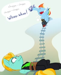 Size: 1623x2000 | Tagged: safe, artist:taneysha, character:lightning dust, character:rainbow dash, species:pegasus, species:pony, g4, cute, dialogue, duo, riding, rope, tied to tracks, tied up, toy train, washouts uniform, waving hat