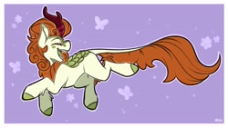 Size: 3556x2000 | Tagged: safe, artist:lrusu, character:autumn blaze, species:kirin, g4, butterfly, eyes closed, leonine tail, looking back, prancing, solo
