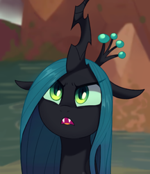Size: 3200x3706 | Tagged: safe, artist:maren, character:queen chrysalis, species:changeling, g4, angry, fangs, meme, scene interpretation, solo