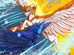 Size: 1164x872 | Tagged: safe, artist:polygon, character:daybreaker, character:princess celestia, character:princess luna, species:alicorn, species:pony, g4, duo, fangs, fight, fire, glowing horn, mane of fire