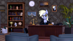 Size: 3840x2160 | Tagged: safe, artist:owlpirate, character:derpy hooves, species:pegasus, species:pony, g4, chair, indoors, justice, lawyer, muffin, plants, solo, source filmmaker, suit, table