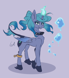 Size: 4000x4500 | Tagged: safe, artist:galinn-arts, character:princess luna, species:alicorn, species:pony, g4, alternate design, alternate hairstyle, chest fluff, collar, hoof fluff, magic, multicolored wings, solo, two toned wings, water magic