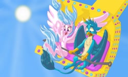 Size: 1920x1152 | Tagged: safe, artist:shaslan, character:gallus, character:silverstream, species:griffon, species:hippogriff, fanfic:birds of a feather don't ride together, g4, amusement park, fanfic art, fanfic cover, link in description, pony on earth