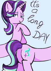 Size: 830x1154 | Tagged: safe, artist:sallycars, character:starlight glimmer, species:pony, species:unicorn, g4, butt, female, glimmer glutes, long glimmer, long pony, mare, meme, plot, smiling, solo, text