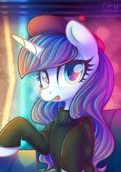 Size: 1280x1811 | Tagged: safe, artist:wavecipher, character:rarity, species:pony, species:unicorn, episode:sweet and elite, g4, my little pony: friendship is magic, beatnik rarity, beret, clothing, cute, female, hat, mare, open mouth, rain, solo, sweater