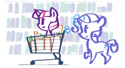 Size: 1121x608 | Tagged: safe, artist:purplegfs, character:rarity, character:twilight sparkle, species:alicorn, species:pony, species:unicorn, ship:rarilight, g4, bread, duo, glowing horn, groceries, grocery store, magic, shipping, shopping, shopping cart
