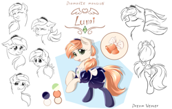 Size: 5500x3500 | Tagged: safe, artist:dreamweaverpony, oc, oc only, oc:lumi, species:pony, species:unicorn, beautiful, blushing, cheek fluff, clothing, color palette, cute, expressions, eyelashes, eyes closed, female, fluffy, freckles, grin, hooves in air, looking at you, maid, maid headdress, mare, neck fluff, on side, profile, raised hoof, raised hooves, rear view, rearing, reference sheet, sketch, smiling, socks, solo, surprised, tied, tongue out