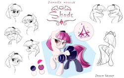 Size: 5500x3500 | Tagged: safe, artist:dreamweaverpony, oc, oc:shade, species:earth pony, species:pony, angry, beautiful, cheek fluff, clothing, color palette, cool, crying, cute, expressions, eyelashes, eyes closed, female, fluffy, glasses, looking at you, maid, maid headdress, mare, neck fluff, on side, profile, raised hoof, rear view, red eyes, red hair, reference, reference sheet, sad, sketch, smiling, socks, solo