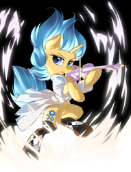 Size: 2900x3800 | Tagged: safe, artist:dreamweaverpony, oc, oc only, oc:astral charm, species:pony, species:unicorn, bipedal, blue eyes, blue hair, clothing, coat, dexterous hooves, drawing, female, fluffy, hoof hold, lab coat, legends of equestria, mare, music, musician, playing instrument, socks, solo, violin