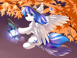 Size: 4400x3300 | Tagged: safe, artist:dreamweaverpony, oc, oc only, oc:lady diamante, species:pegasus, species:pony, blue eyes, blue mane, broom, clothing, cutie mark, ear fluff, female, fluffy, flying, flying broomstick, halloween, hat, holiday, lantern, leaves, looking at you, mare, night, open mouth, scar, sky, solo, spread wings, tree branch, wings, witch, witch hat