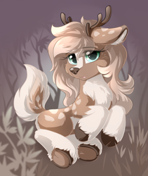 Size: 3200x3800 | Tagged: safe, artist:dreamweaverpony, oc, oc only, oc:spring equinox, species:deer, antlers, beautiful, cute, doe, female, fluffy, fluffy tail, hooves, looking at you, open mouth, original species, solo, tail, underhoof