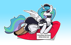Size: 1912x1212 | Tagged: safe, artist:dreamweaverpony, artist:n-o-n, character:princess celestia, species:alicorn, species:pony, g4, clothing, colored eyebrows, eyebrows, eyebrows visible through hair, female, gradient background, lipstick, looking at you, lying down, maid, maid headdress, mare, on side, pillow, solo