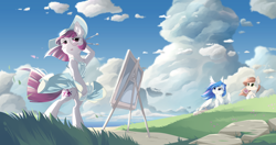Size: 5300x2800 | Tagged: safe, artist:dreamweaverpony, oc, oc only, oc:lady diamante, oc:lumi, oc:shade, species:earth pony, species:pegasus, species:pony, species:unicorn, absurd resolution, anime style, basket, beautiful, blue eyes, blue hair, blushing, bread, brush, canvas, clothing, cloud, detailed background, dress, earth, female, fluffy, food, glasses, grass, hat, mare, ocean, paintbrush, painting, picnic, picnic basket, red eyes, red hair, red mane, red tail, scar, scenery, skirt lift, summer, toast, wind, windswept hair, windswept mane, windswept tail