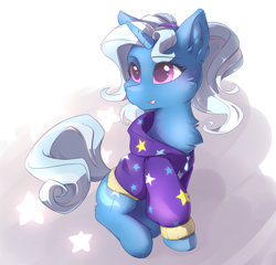 Size: 2500x2400 | Tagged: safe, artist:dreamweaverpony, character:trixie, species:pony, species:unicorn, alternate hairstyle, babysitter trixie, beautiful, cape, cheek fluff, chest fluff, clothing, coat, cute, diatrixes, ear fluff, female, fluffy, high res, hoodie, mare, simple background, sitting, smiling, solo, trixie's cape