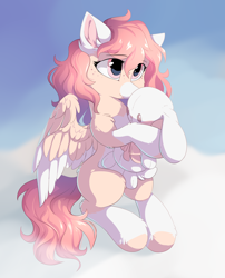 Size: 2500x3100 | Tagged: safe, artist:dreamweaverpony, oc, oc only, oc:linen, species:pegasus, species:pony, species:rabbit, animal, beautiful, blank flank, bunny plushie, cloud, commission, curly hair, cute, diabetes, female, fluffy, huggable, hugging a plushie, mare, multicolored coat, on a cloud, pink coat, pink hair, plushie, pretty, pretty eyes, sitting, sitting on a cloud, sky, solo, teenager