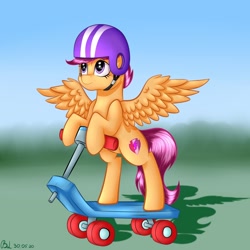 Size: 1280x1280 | Tagged: safe, artist:brilliantluna, character:scootaloo, species:pegasus, species:pony, g4, bipedal, cheek fluff, cute, cutealoo, female, filly, helmet, scooter, smiling, solo, wings