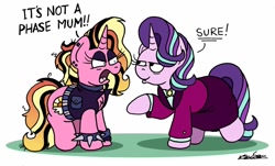 Size: 1024x619 | Tagged: safe, artist:bobthedalek, character:luster dawn, character:starlight glimmer, species:pony, species:unicorn, g4, angry, clothing, it's a phase, it's not a phase, like mother like daughter, luster dawn is starlight's and sunburst's daughter, older, older starlight glimmer, punk, punk dawn, smug