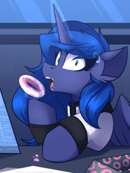 Size: 900x1200 | Tagged: safe, artist:shadowreindeer, character:princess luna, species:alicorn, species:pony, g4, clothing, connor, detroit: become human, donut, magic, magic aura