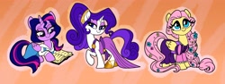Size: 4096x1540 | Tagged: safe, artist:sophillia, character:fluttershy, character:rarity, character:twilight sparkle, character:twilight sparkle (unicorn), species:pony, species:unicorn, g4, book, clothing, collection, cute, royal attire, simple background