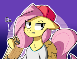 Size: 2034x1562 | Tagged: safe, artist:artiks, character:fluttershy, species:pegasus, species:pony, g4, 90s grunge fluttershy, alternate hairstyle, baseball cap, cap, clothing, dialogue, female, hat, simple background, skateboard, solo