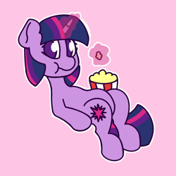 Size: 2048x2048 | Tagged: safe, artist:charleyhorsey, character:twilight sparkle, species:pony, species:unicorn, g4, eating, magic aura, popcorn, simple background, solo