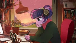 Size: 1200x675 | Tagged: safe, artist:radioaxi, character:twilight sparkle, character:twilight sparkle (alicorn), character:twilight sparkle (unicorn), species:alicorn, species:anthro, species:bird, species:pony, species:unicorn, g4, book, brush, calendar, chair, clothing, computer, crossover, evening, flying, headphones, lamp, laptop computer, lofi, lofi hip hop radio - beats to relax/study to, moose, mountain, parody, pen, pencil, plant, plushie, ponified, profile, scarf, scissors, solo, species swap, studying, sunset, toy, vase