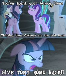 Size: 1258x1440 | Tagged: safe, edit, edited screencap, screencap, character:applejack, character:double diamond, character:rarity, character:starlight glimmer, character:twilight sparkle, character:twilight sparkle (alicorn), species:alicorn, species:pony, episode:the cutie map, g4, my little pony: friendship is magic, american football, caption, dallas cowboys, female, mare, new england patriots, nfl, obligatory pony