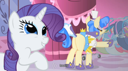 Size: 640x355 | Tagged: safe, edit, edited screencap, screencap, character:rarity, character:sapphire shores, species:pony, species:unicorn, butt, caption, clothing, female, mare, plot, youtube caption