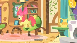 Size: 640x355 | Tagged: safe, edit, edited screencap, screencap, character:apple bloom, species:earth pony, species:pony, butt, caption, female, filly, plot, solo, youtube caption